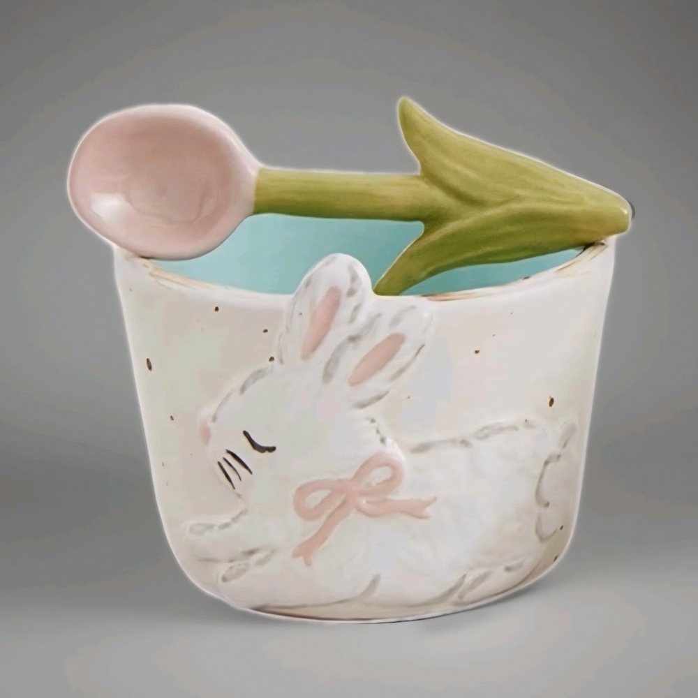 Mud Pie Easter Bunny Tidbit Bowl Pink Bow w/ Spoon | Spring Table Decor